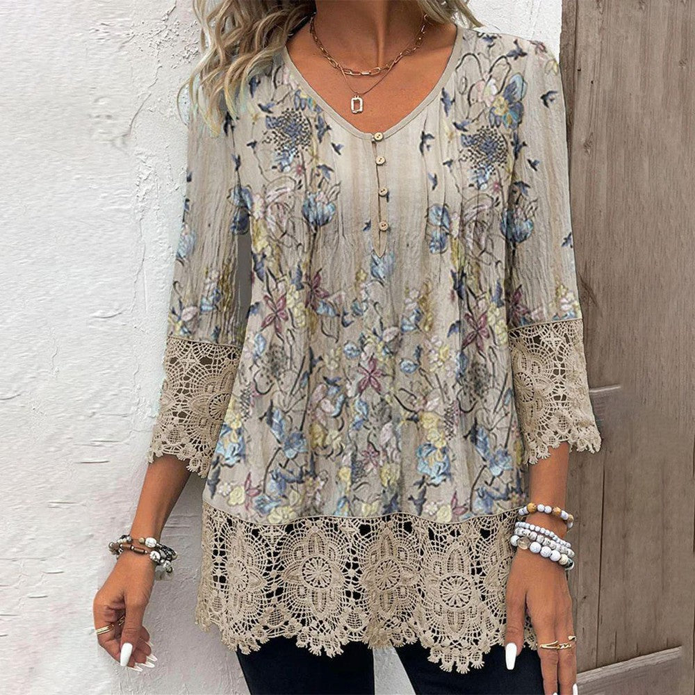 Erminia - Apricotfarbenes Langärmeliges Print-top