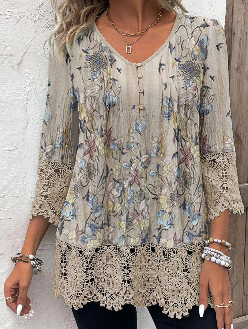 Erminia - Apricotfarbenes Langärmeliges Print-top